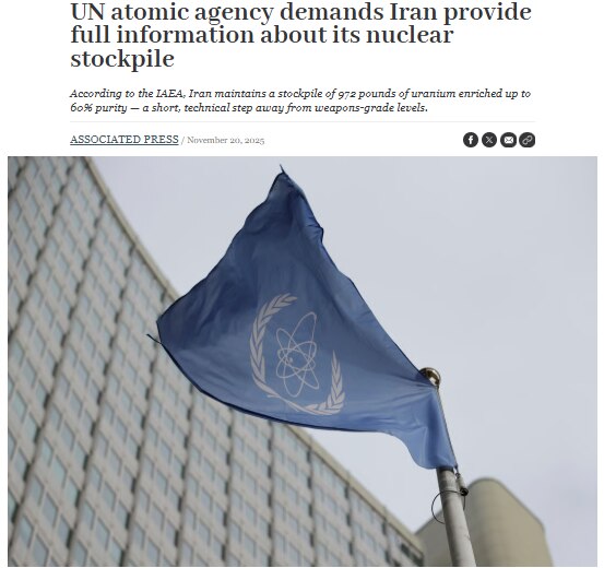 On Nov. 20, the IAEA adopted a resolution demanding full Iranian cooperation, detailed answers on it...