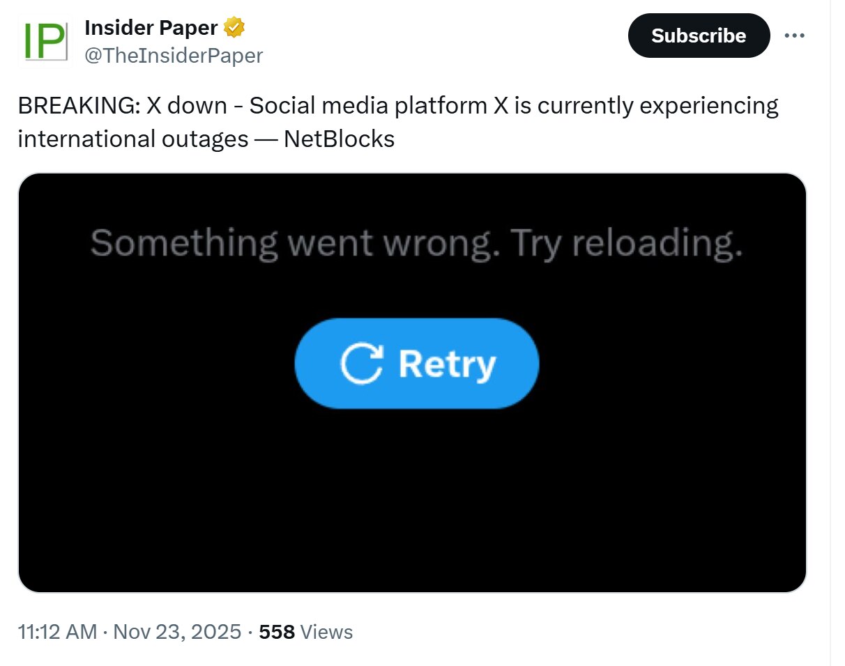11月23日25，💥时隔5天X 又宕机——社交媒体平台 X 目前正遭遇全球性故障 

最终的解决方案只有转向Gettr盖特https://gettr.com
