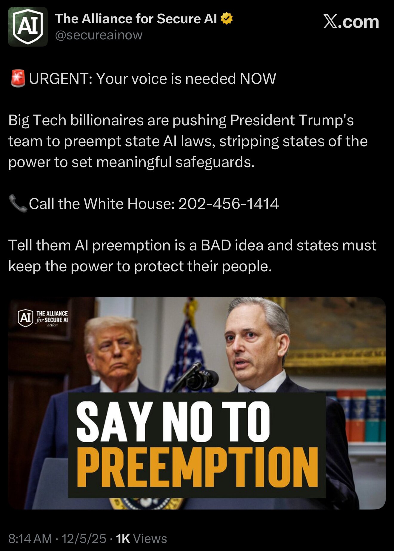 📞Call the White House: 202-456-1414

🚨Tell them AI preemption is a BAD idea and states must keep t...