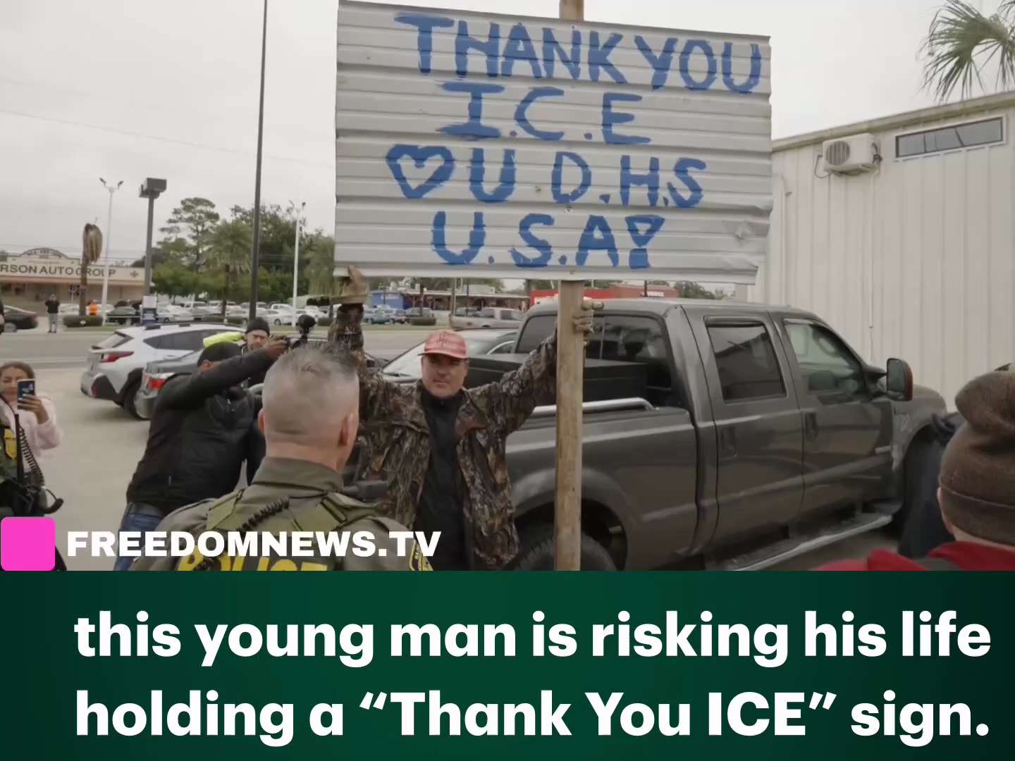 this young man is risking his life holding a “Thank You ICE” sign. Commander Bovino saw it

PROTECT ...
