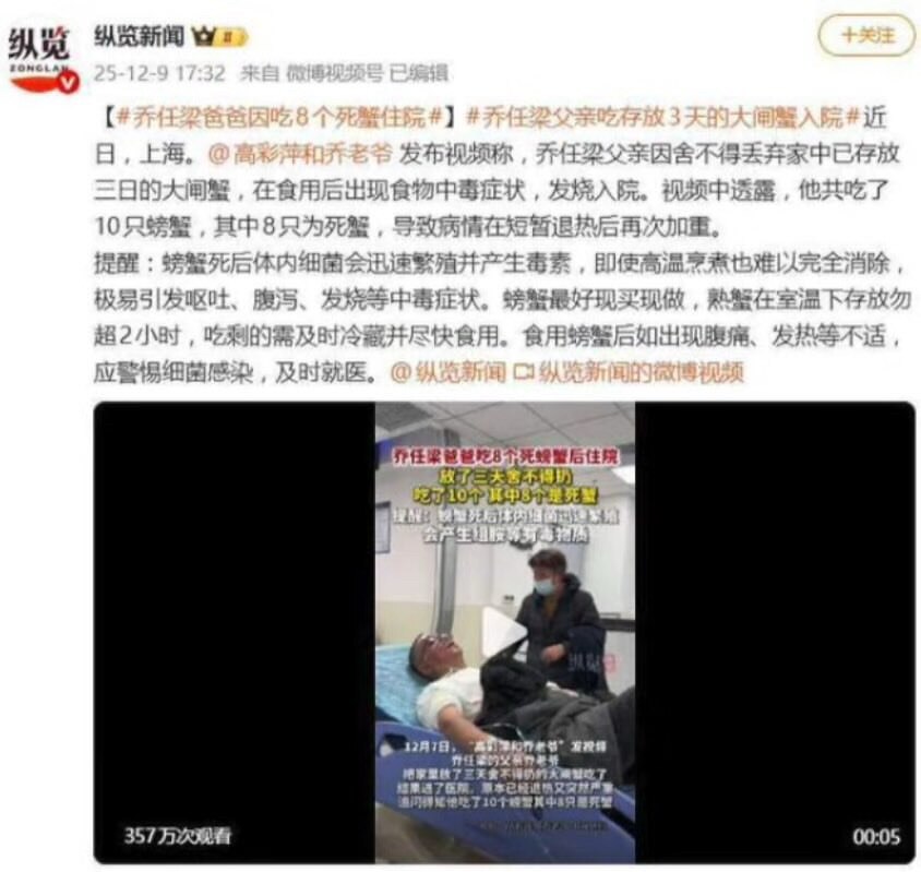 乔任梁父亲吃蟹中毒， 疑点重重， 到底是他自己吃的还是有人逼他吃的。 

死蟹是臭的， 老人怎么吃得下8 只？ 这么寒， 活的八只吃下去都吓人， 何况死蟹。 上海人对大闸蟹最了解了， 常识也不会吃。 ...