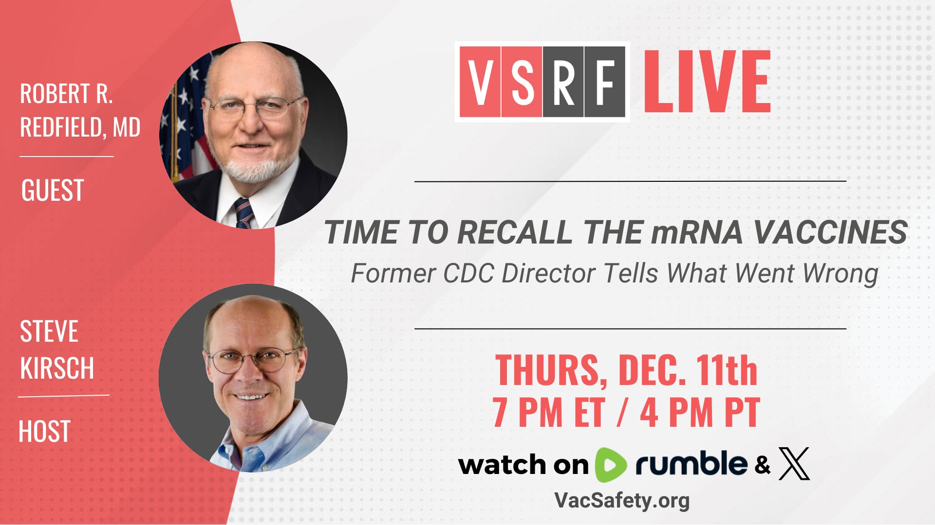 TONIGHT on VSRF Live -- we are honored to be joined by Dr. Robert Redfield, former CDC Director.

No...