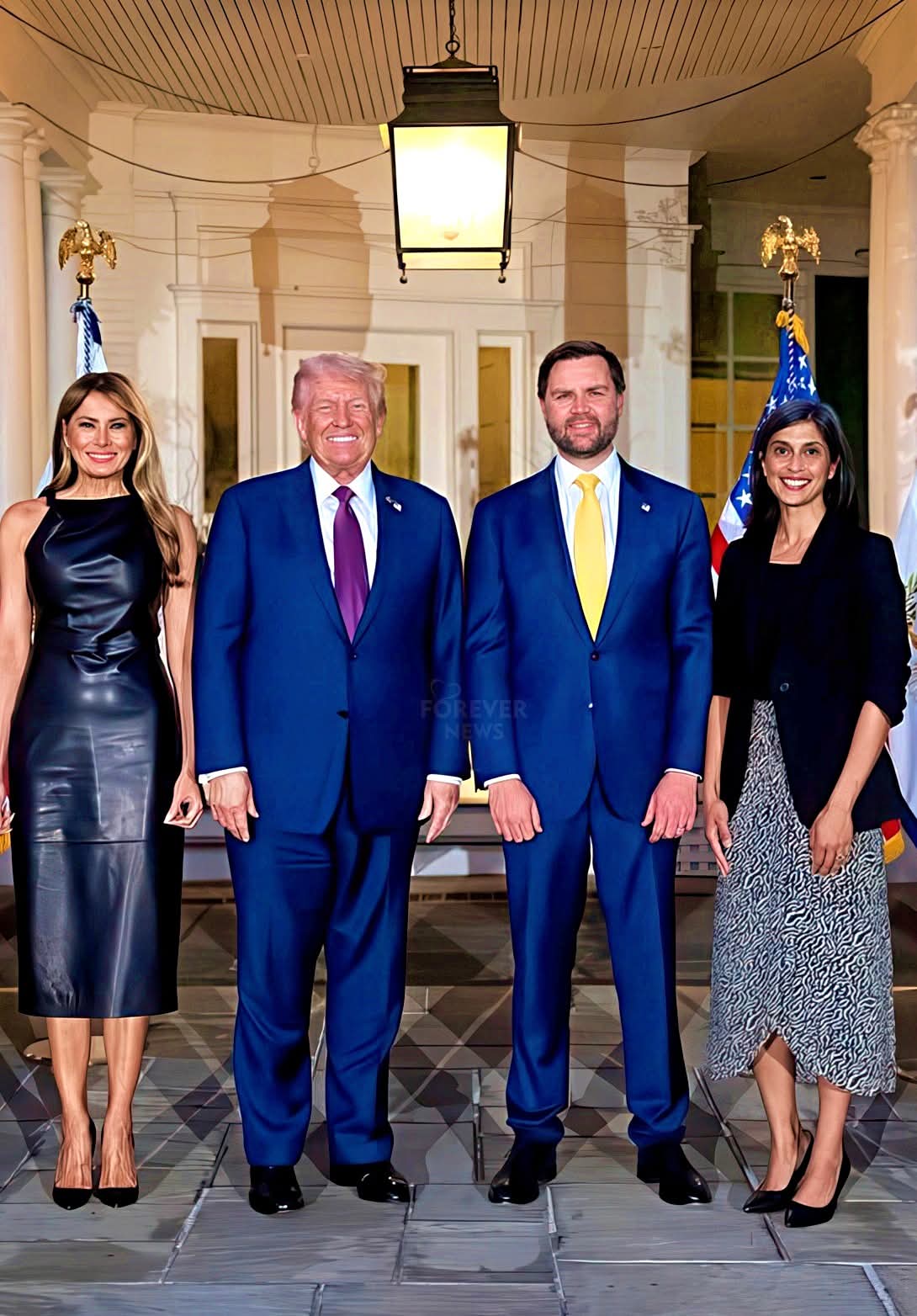 President Donald Trump with Melania Trump, JD Vance, and Usha Vance at 48's VP Residence. 🇺🇸
