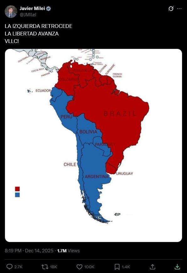 🇦🇷✔️⚡️ — 阿根廷总统哈维尔·米莱在智利右翼取得胜利后，庆祝南美洲保守派政府的进步：

左翼退却
自由向前迈进
“VL​​LC！”

