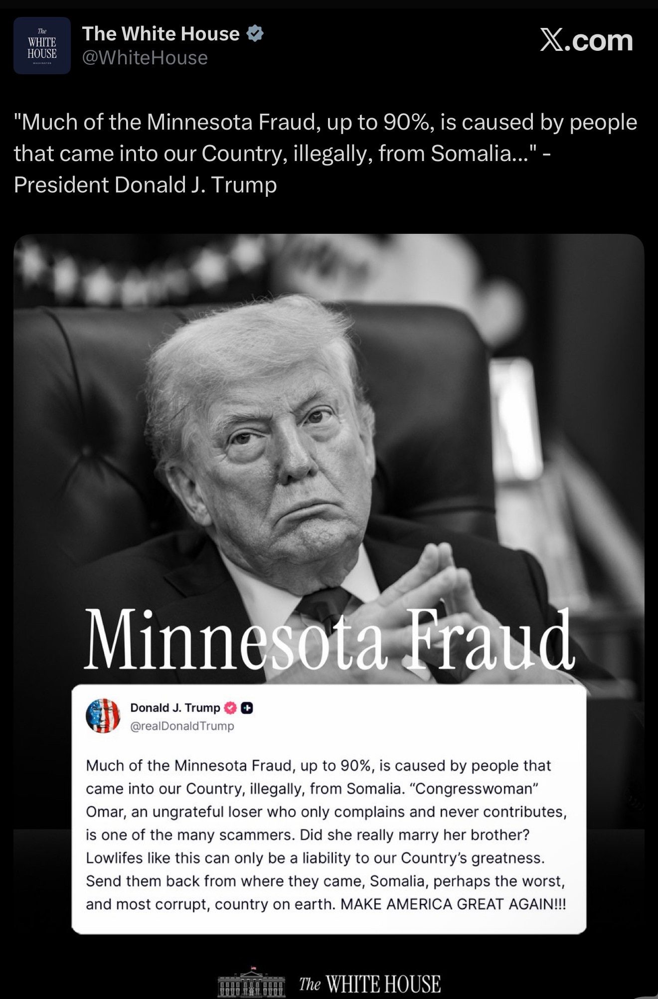 "Much of the Minnesota Fraud, up to 90%, is caused by people that came into our Country, illegally, ...