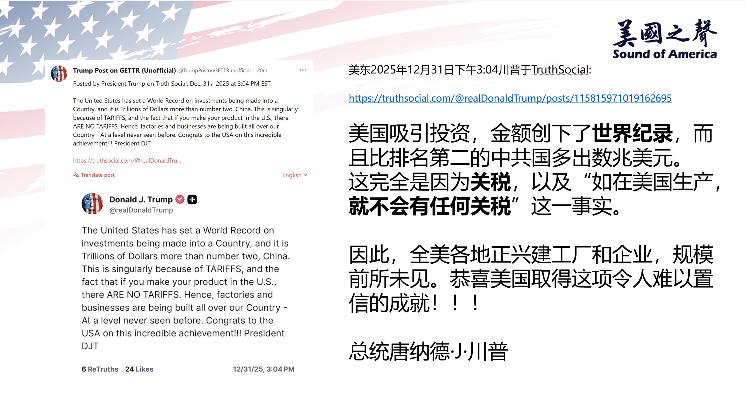 【美国之声--美国吸引投资创纪录】2025年12月31日川普总统：

美国吸引投资，金额创下了世界纪录，而且比排名第二的中共国多出数兆美元。

这完全是因为关税，以及“如果在美国生产 就不会有任何关税...