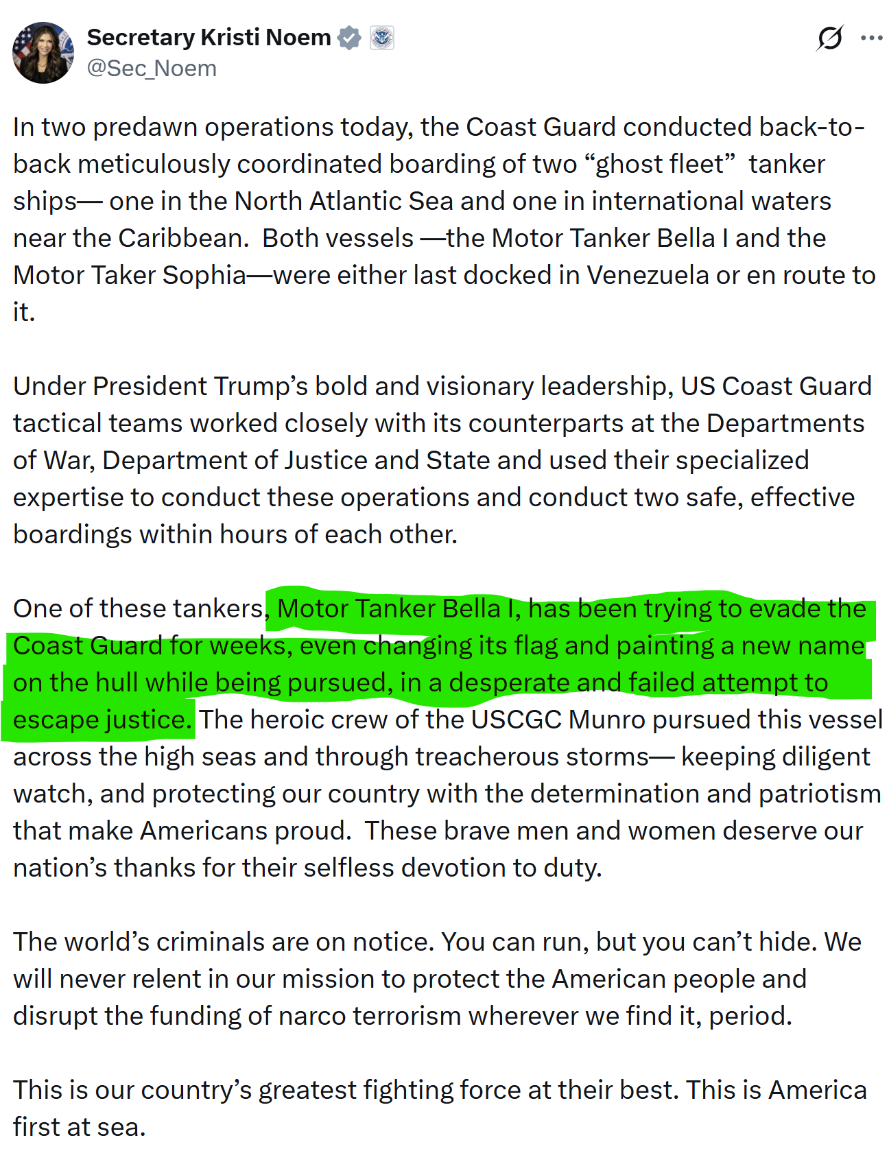 【美国之声——即使有俄罗斯的保护，美国也照抓不误】2026年1月7日，美国国土安全部长诺姆（Kristi Noem）表示，美国已扣押影子油轮“贝拉1号”。

注：该油轮近日已在俄罗斯重新注册，现更名为...