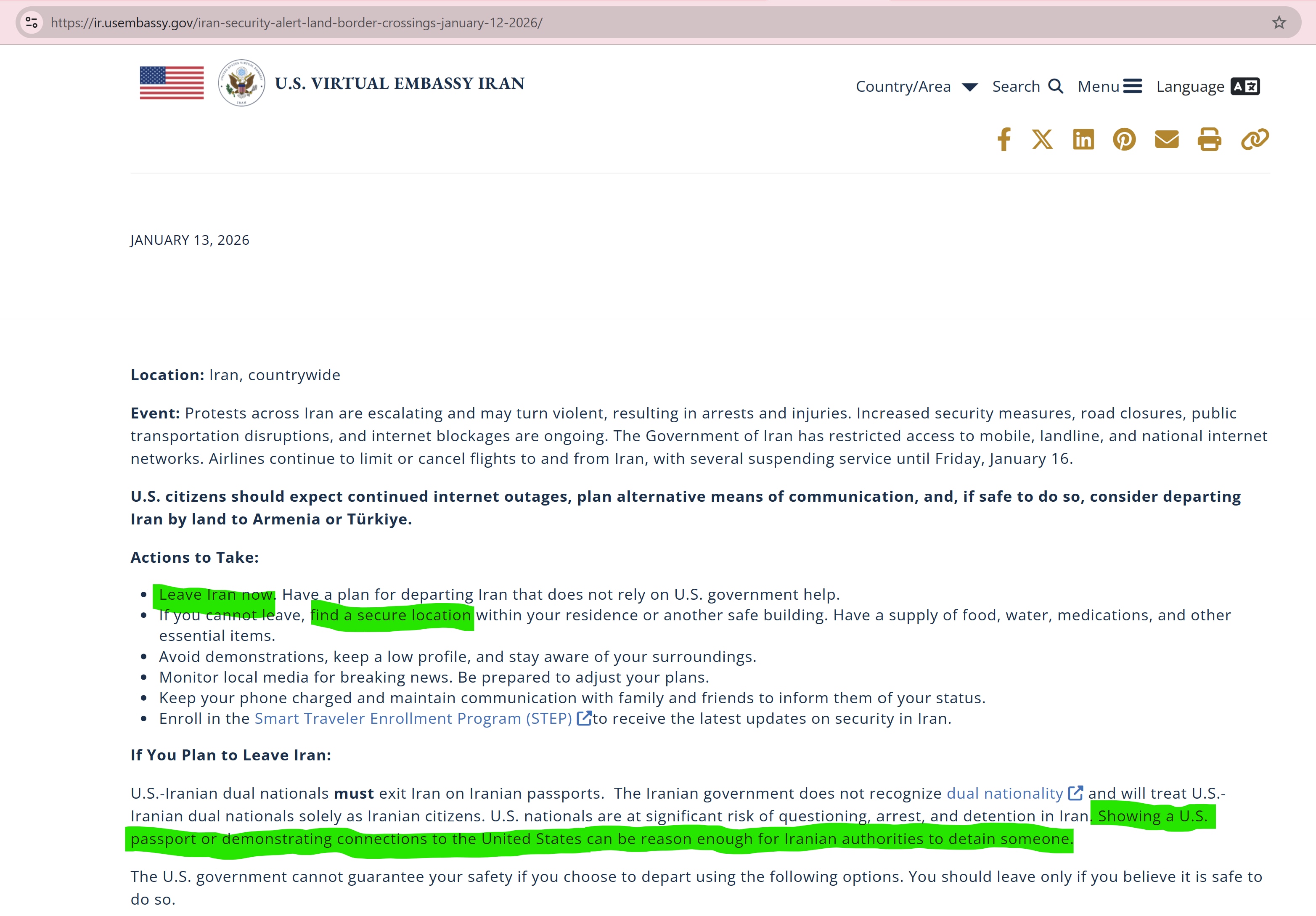 【美国之声--美国公民立即离开伊朗】德黑兰2026年1月13日，美驻伊朗大使馆发布通知，告知在当地的美国公民，

1. 立即离开伊朗，并制定一个不依赖美国政府协助的离境计划。 在安全可行的情况下，考虑...
