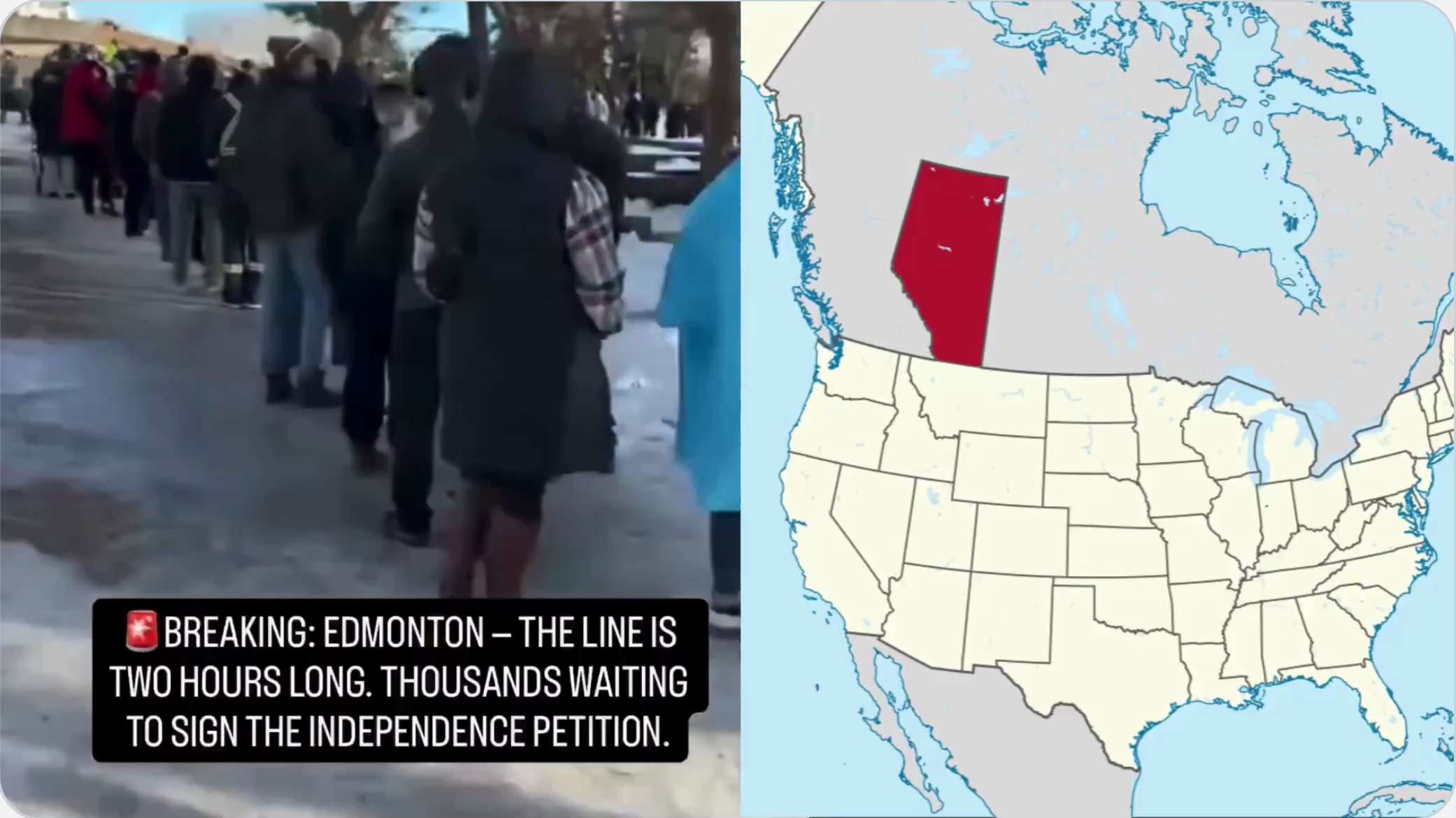 昨天，大量加拿大阿尔伯塔省居民排起长队，签署一份要求脱离加拿大的请愿书——并有可能在独立后成为美国第51个州。

加拿大石油储量的97%在阿尔伯塔省，可能很快会举行脱离加拿大的公投。如果阿尔伯塔独立后...