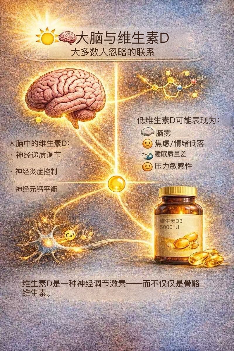 🧵 🧠大脑与维生素D——大多数人忽略的联系
大多数人会将维生素D与骨骼联系起来。很少有人意识到它对大脑的影响有多么深远。这种差距可以解释很多“无法解释”的症状。