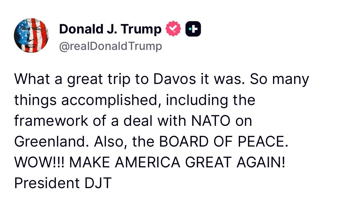President Trump: What a great trip to Davos it was. So many things accomplished, including the frame...