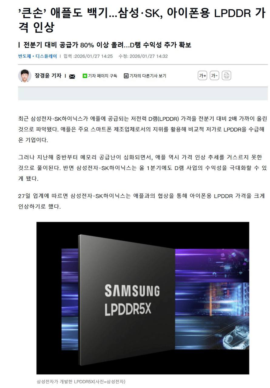 ZDNET Korea：三星电子、SK海力士已经与苹果进行谈判，决定大幅上调iPhone手机LPDDR内存的价格，其中三星电子内存价格涨幅超过80%，而SK海力士则接近100%，iPhone 18的价...