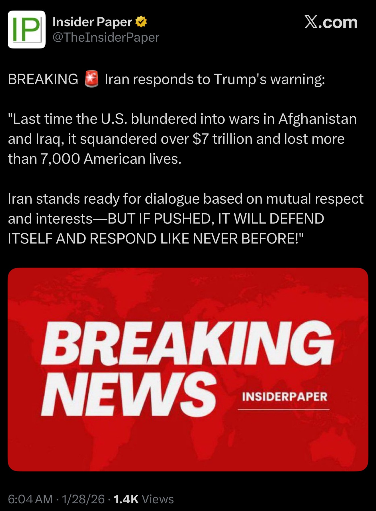 Iran responds to Trump's warning:

"Last time the U.S. blundered into wars in Afghanistan and Iraq, ...