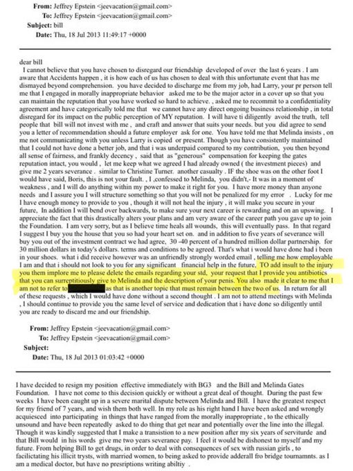 💥💥💥最新公布的爱泼斯坦文（邮）件显示：
由于从俄罗斯妓女那里感染了性病，比尔·盖茨曾向杰弗里·爱泼斯坦索要“抗生素”，并试图偷偷给他的妻子梅琳达服用，以免她发现自己也被感染了，这份邮件中还提到...