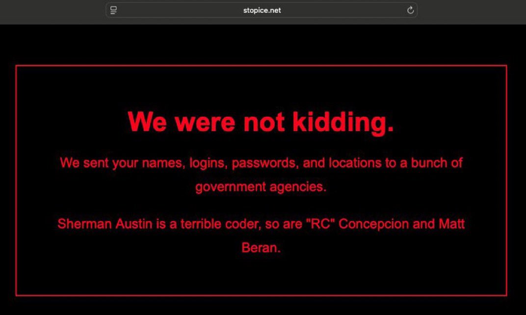 BREAKING: STOP ICE website reportedly hacked. Identifying data sent to the FBI. 