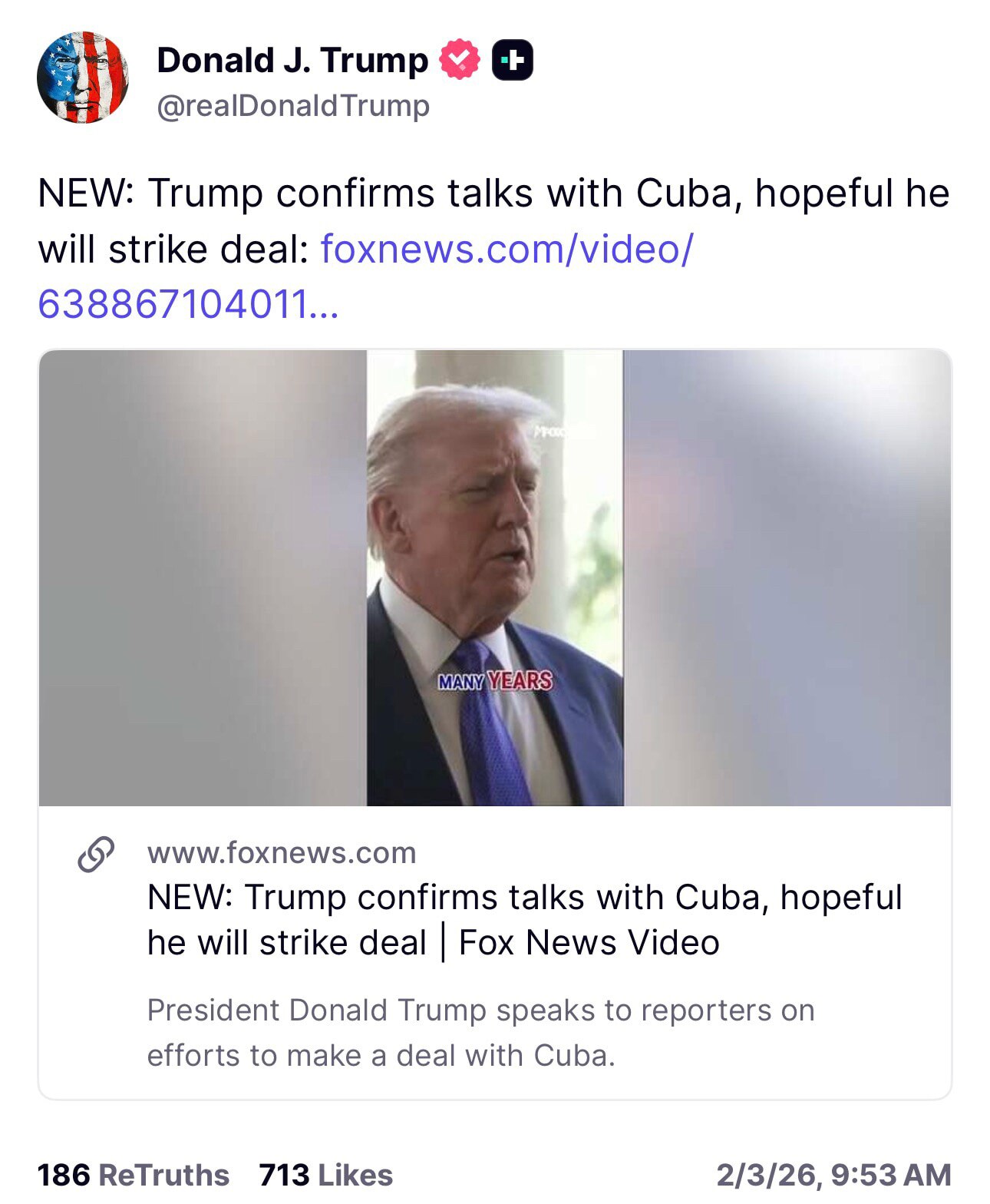 川普总统发帖说在与古巴、伊朗谈判沟通协商，估计是在商量变革后的治理，寻找罗德里格斯这样的现政权合作者。

古巴伊朗之后就是俄罗斯朝鲜了，俄罗斯会主动投靠，最后美俄一起解决中共，俄罗斯、朝鲜会拿中共做投...