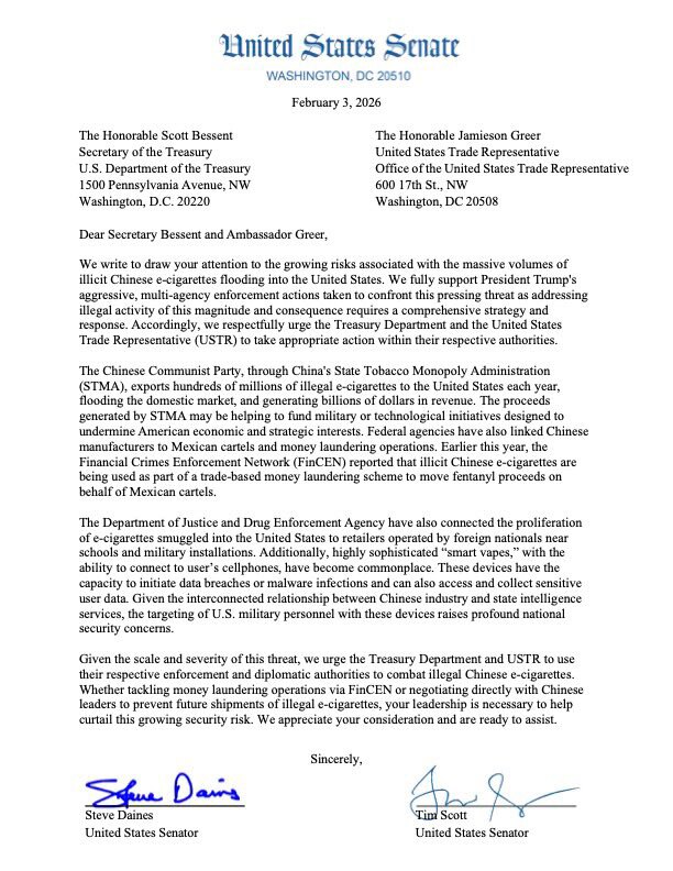 参议员Tim Sheehy：
大量涌入我国的中（共）国非法电子烟正在资助中共，助长贩毒集团的活动，并威胁着无数美国人的健康。

我与参议院同僚一道，敦促财政部和贸易代表办公室阻止这些非法运输，以保护我...