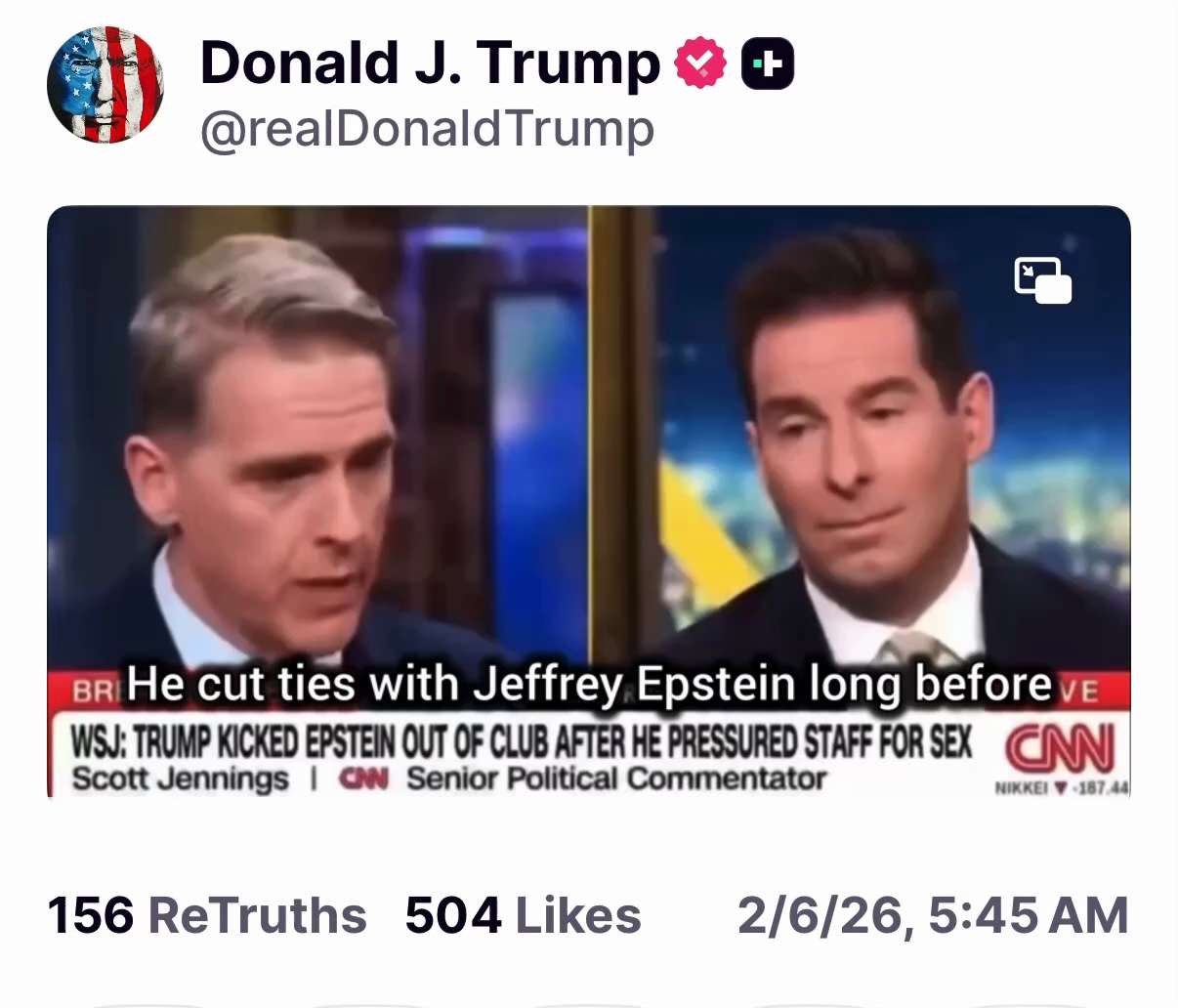 Posted by President Trump on Truth Social,Fed.6, 2026 at 5:45 AM  EST

https://truthsocial.com/@real...