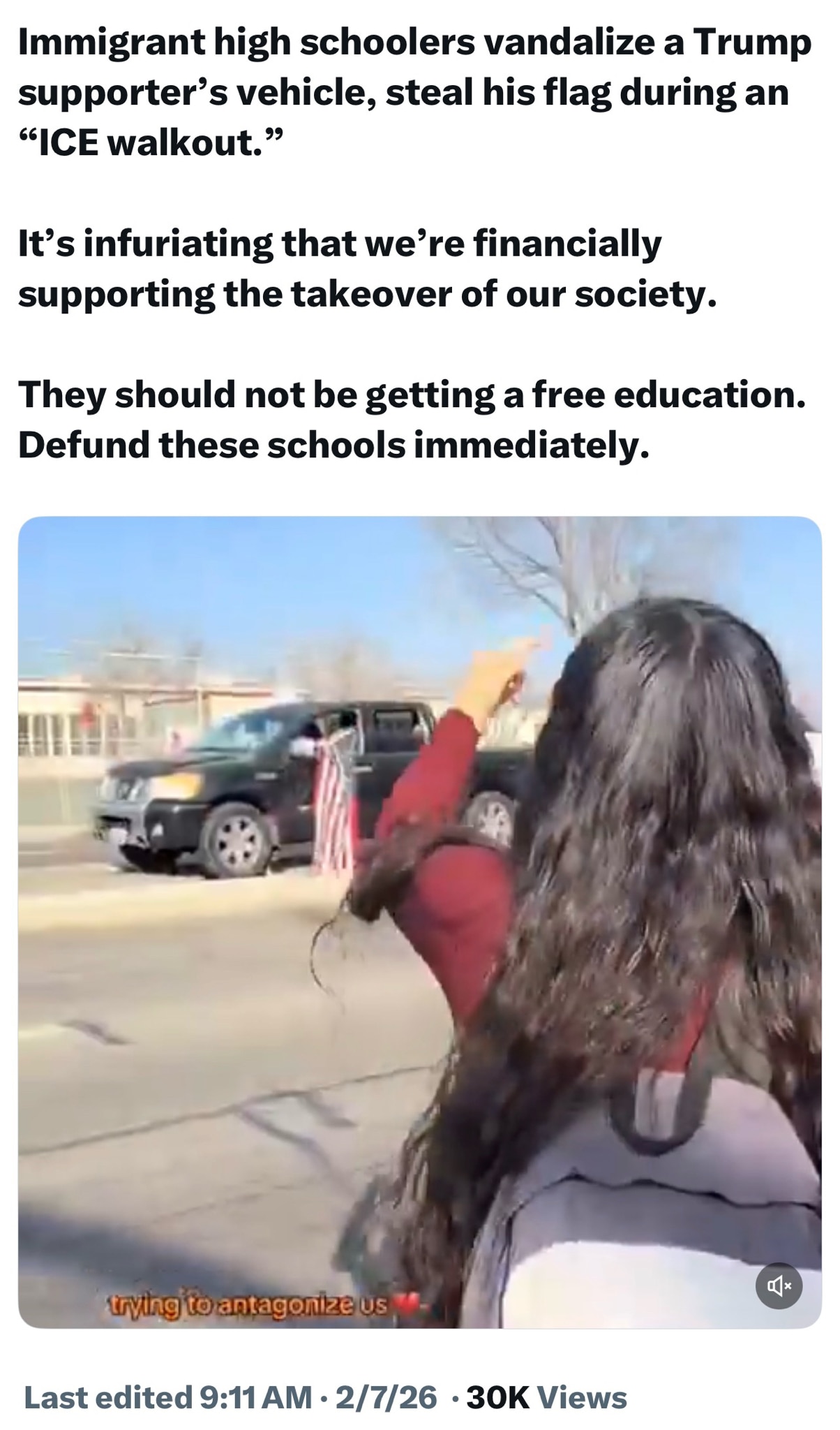 Immigrant high schoolers vandalize a Trump supporter’s vehicle, steal his flag during an “ICE walkou...