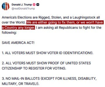 最新消息——特朗普称美国大选“被操纵、被窃取，成了全世界的笑柄。我们要么纠正错误，要么国家就不复存在了。”

