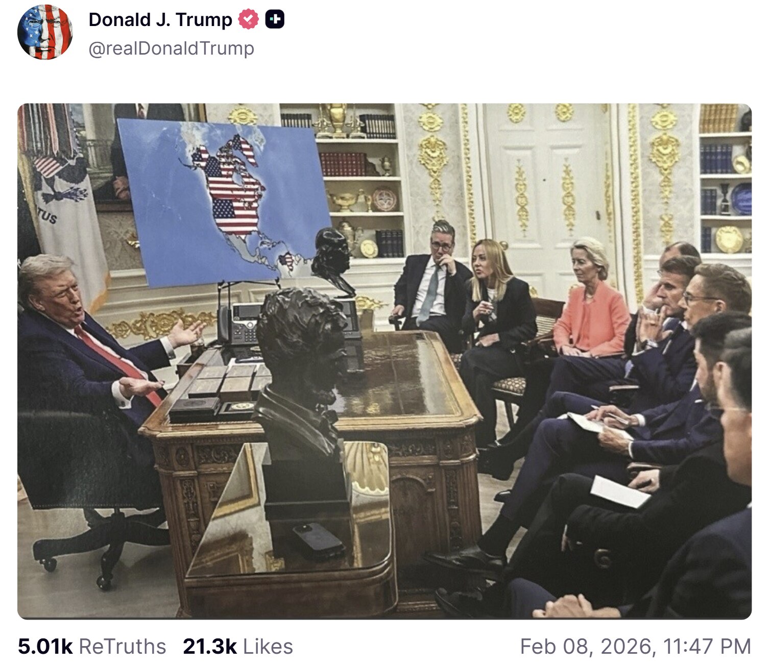 【美国之声--接下来要对准卡尼？】2026年2月8日川普总统在其 Truth Social 上又发布了一次 加拿大、格陵兰、还有委内瑞拉都涂上了星条旗的地图。 

迄今，美国控制了委内瑞拉的石油，对格...