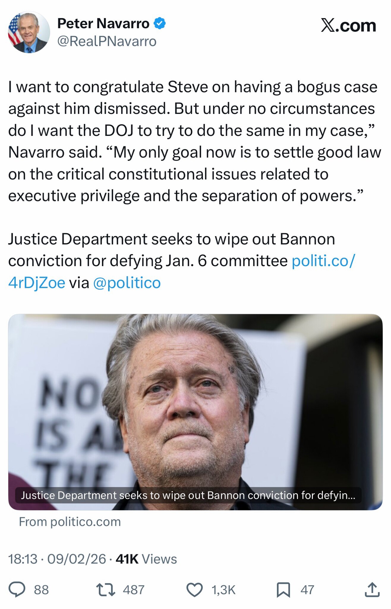 纳瓦罗发推:“我想祝贺史蒂夫（Steve），他那起荒谬的指控案件被撤销了。但我绝不希望司法部（DOJ）也用同样的方式来处理我的案件，”纳瓦罗（Navarro）说。“我现在唯一的目标，就是通过我的案件，...