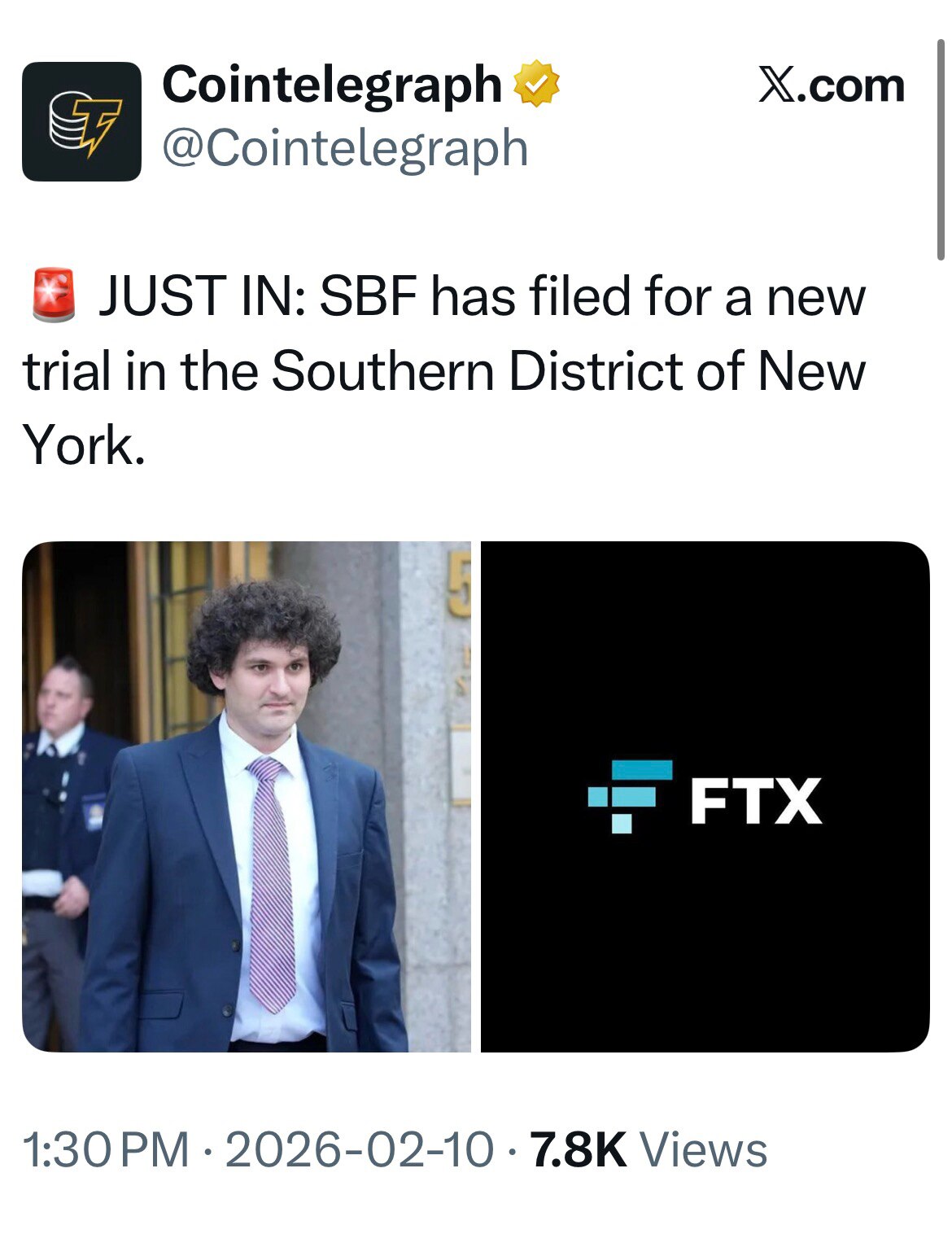 2月10日26，💥 SBF 已向纽约南区联邦地区法院提交重新审判的申请❗️

明确自己是拜登政府政治博弈的牺牲品，坚持 FTX 资不抵债是假象