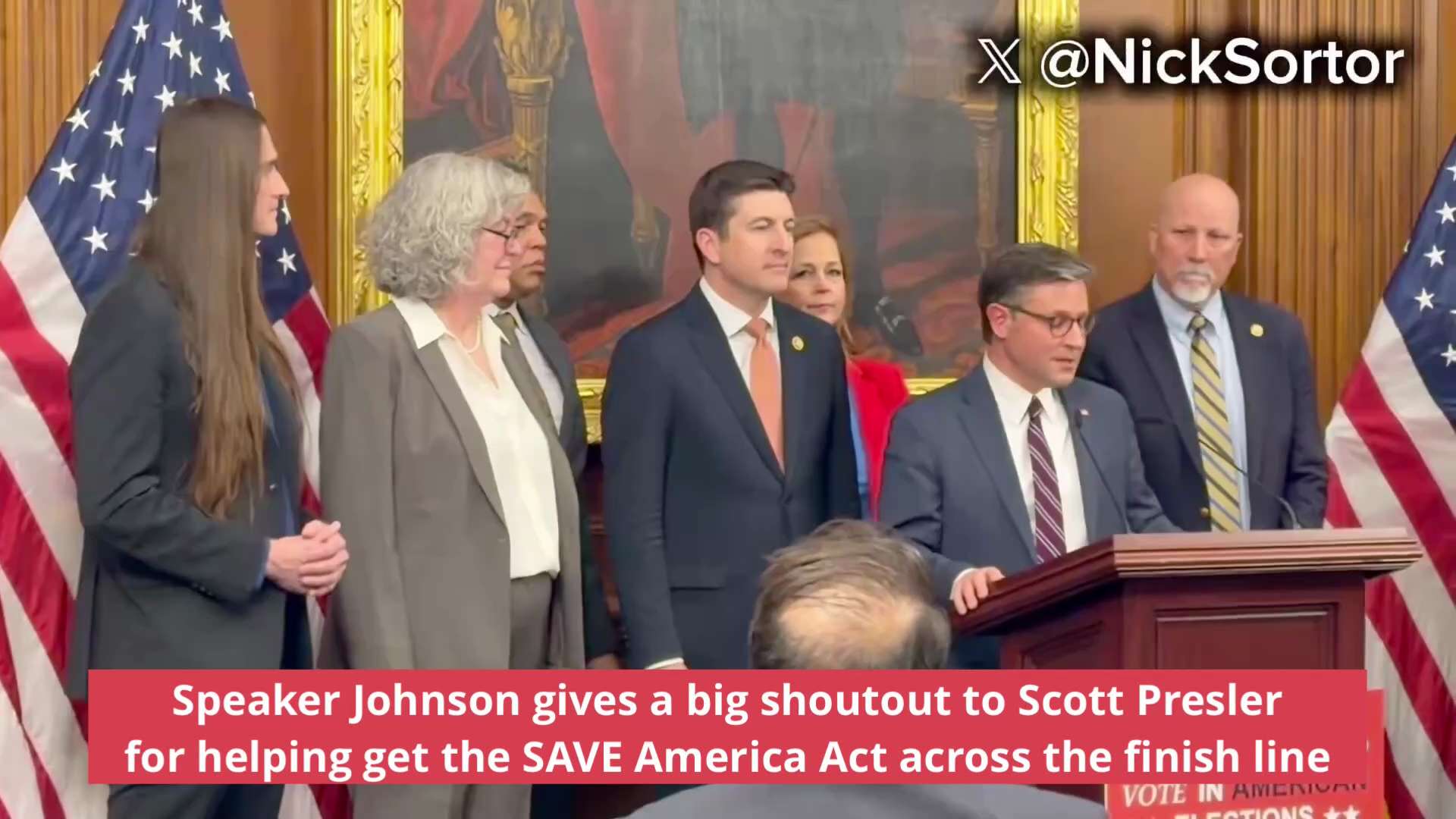 🚨 NOW: Speaker Johnson gives a big shoutout to @ScottPresler for helping get the SAVE America Act a...