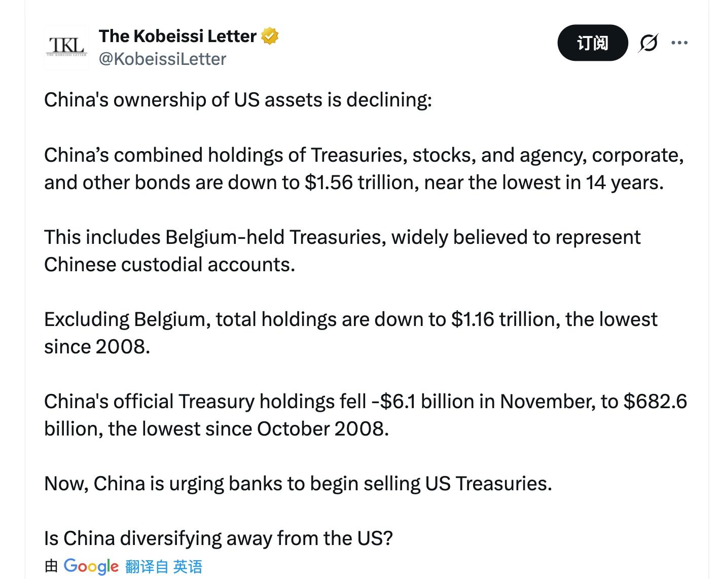 根据彭博社提供的数据，中国持有的美国资产正在减少：

中国持有的美国国债、股票、机构债券、公司债券和其他债券的总规模已降至 1.56 万亿美元，接近 14 年来的最低水平。中国官方国库持有美债的量为6...