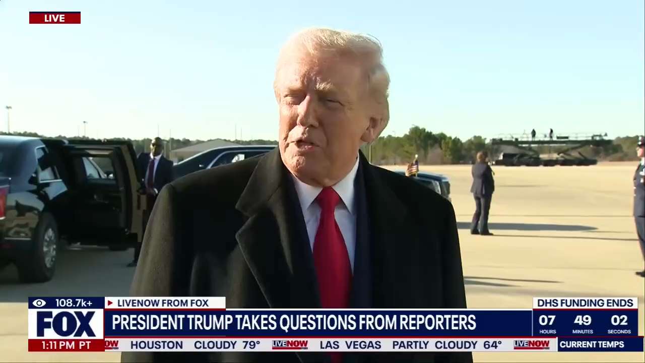 Feb.14 - President Trump addressed reporters Friday in North Carolina, confirming the U.S. is deploy...
