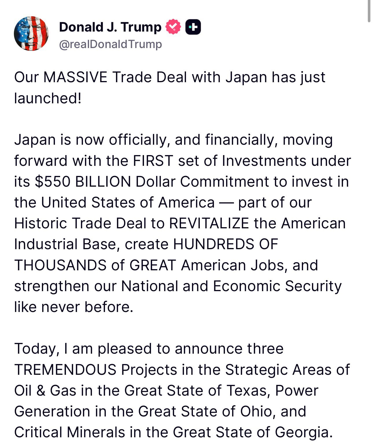 【美国之声—川普总统：我们与日本的大规模贸易协议刚刚启动！】
现在，日本正在官方和财政上推进其 5500 亿美元投资承诺下的第一批投资，以投资美利坚合众国——这是我们历史性贸易协议的一部分，旨在振兴美...