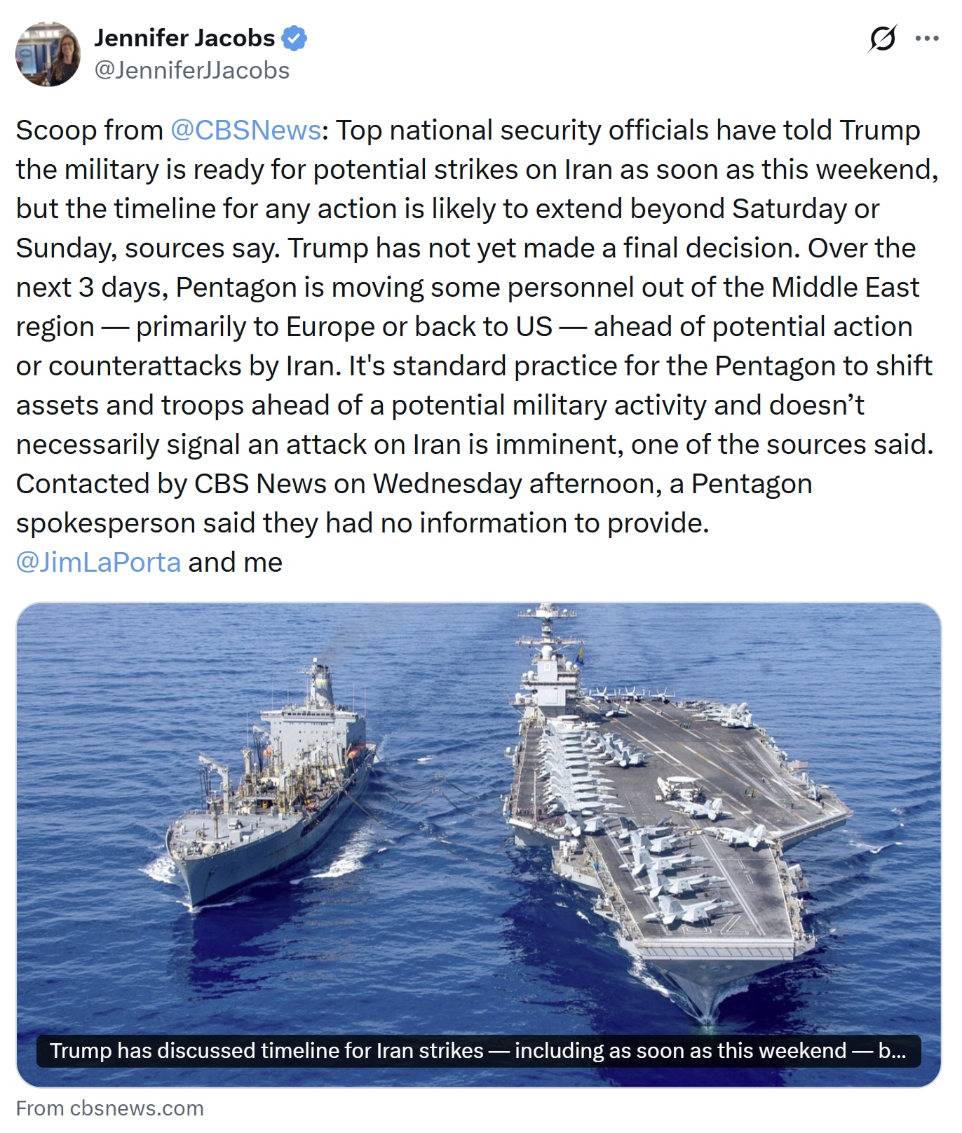 【美国之声】2026年2月18日CBS記者Jennifer Jacobs：

多名美国最高国家安全官员已向川普表示，美军已准备好最早在本周末对伊朗发动潜在打击，但消息人士称，任何行动的时间表很可能会延...