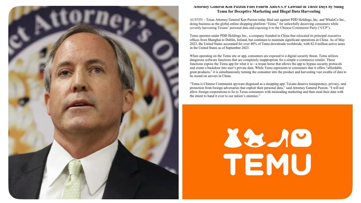 三天内，德克萨斯州总检察长肯·帕克斯顿，将提起第四起反中共的诉讼，起诉Temu公司进行欺骗性营销和非法数据收集。
Temu是一款伪装成购物应用的中国共产党间谍软件。