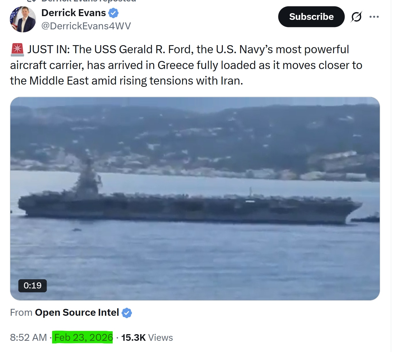 【美国之声--留给伊朗的时间不多了】美东时间2026年2月23日“福特号”航母到达希腊的克里特岛。 

如果接下来直奔以色列，比如海法港，美东时间24日凌晨即可到达。

#福特号 #美国之声
