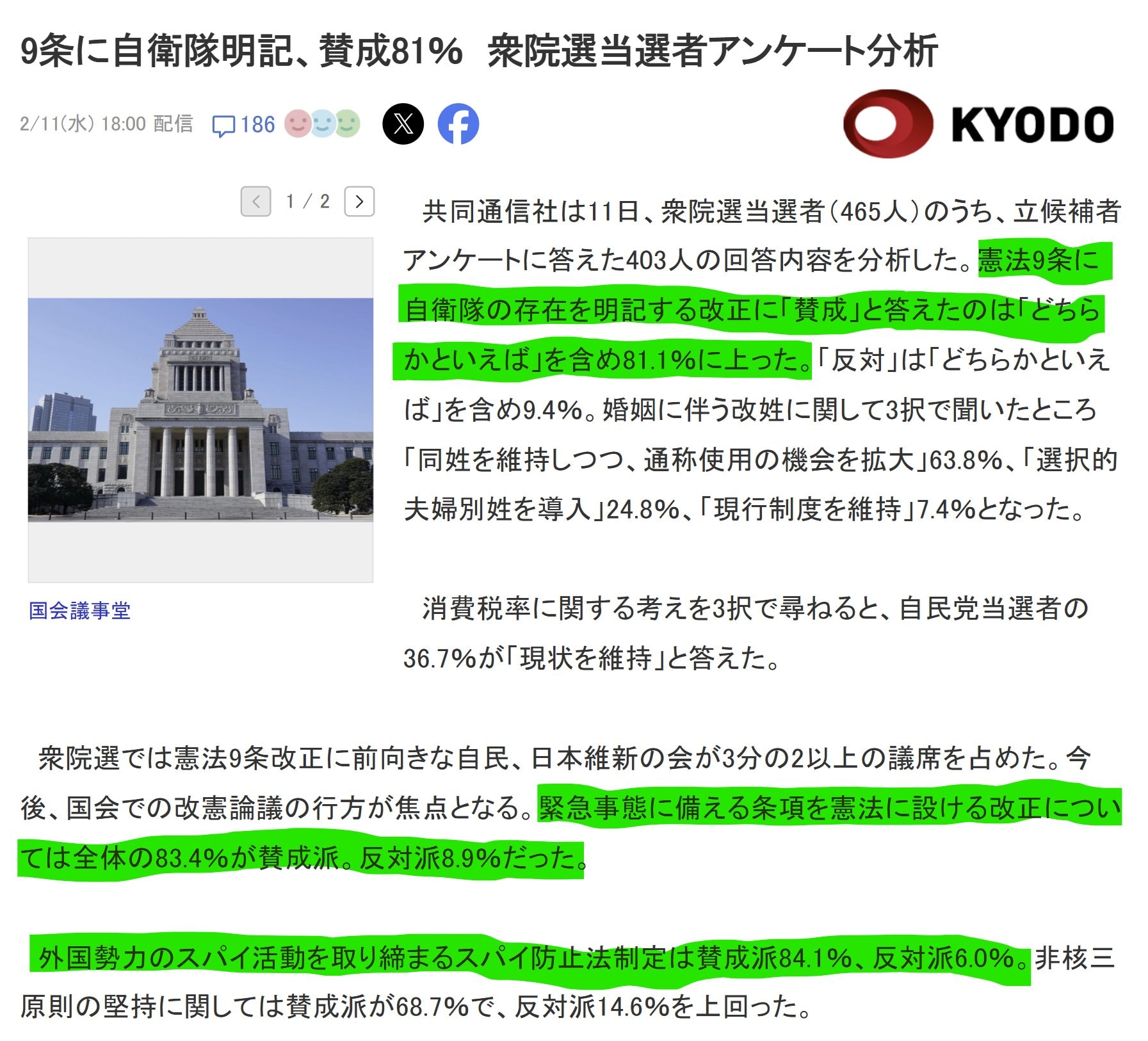 【美国之声】2026年2月11日共同社11日对新当选议员的调查发现：

1. 对于把自卫队的存在写入《宪法》第九条的修宪，“倾向于赞成”+“赞成”回答占81.1%；

2. 在《宪法》中设置紧急事态条...