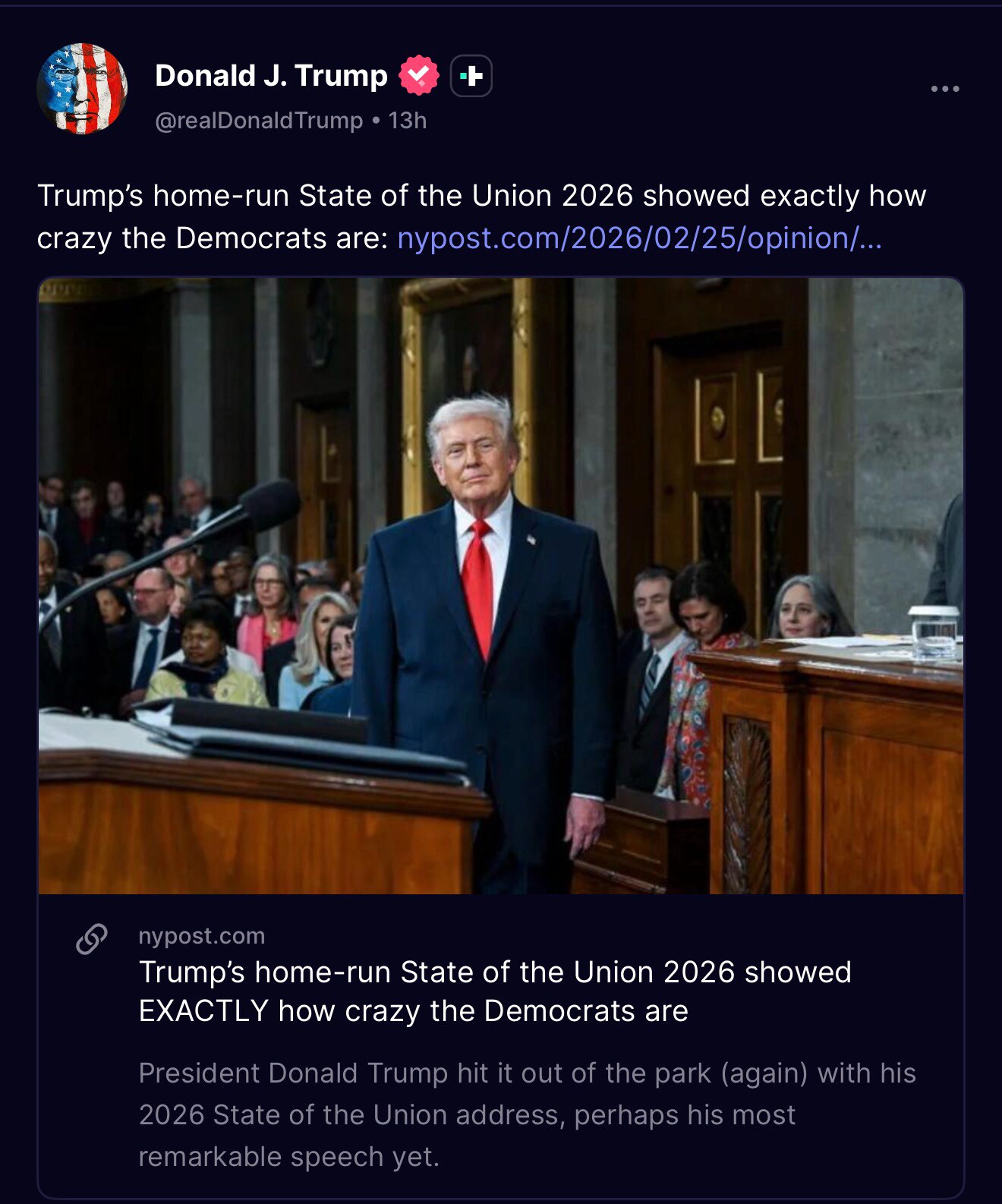 Epic

Trump’s home-run State of the Union 2026 showed exactly how crazy the Democrats are:

https://...
