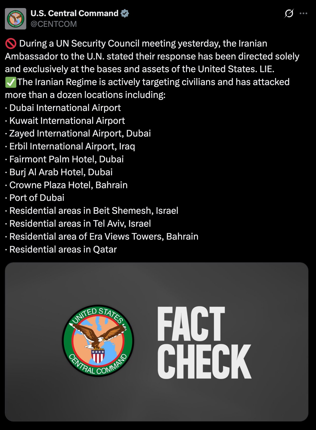 While Iran’s UN ambassador claims its strikes target only U.S. military assets, U.S. Central Command...