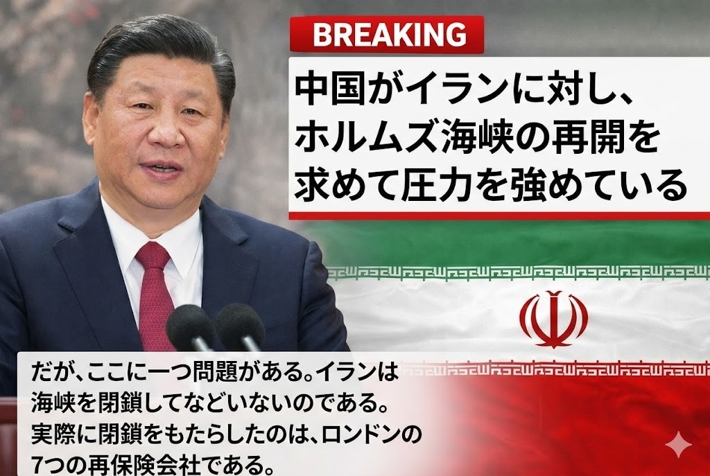 中国がイランに対し、ホルムズ海峡の再開を求めて圧力を強めている

だが、ここに一つ問題がある。イランは海峡を閉鎖してなどいないのである。

実際に閉鎖をもたらしたのは、ロンドンの7つの再保険会社である...