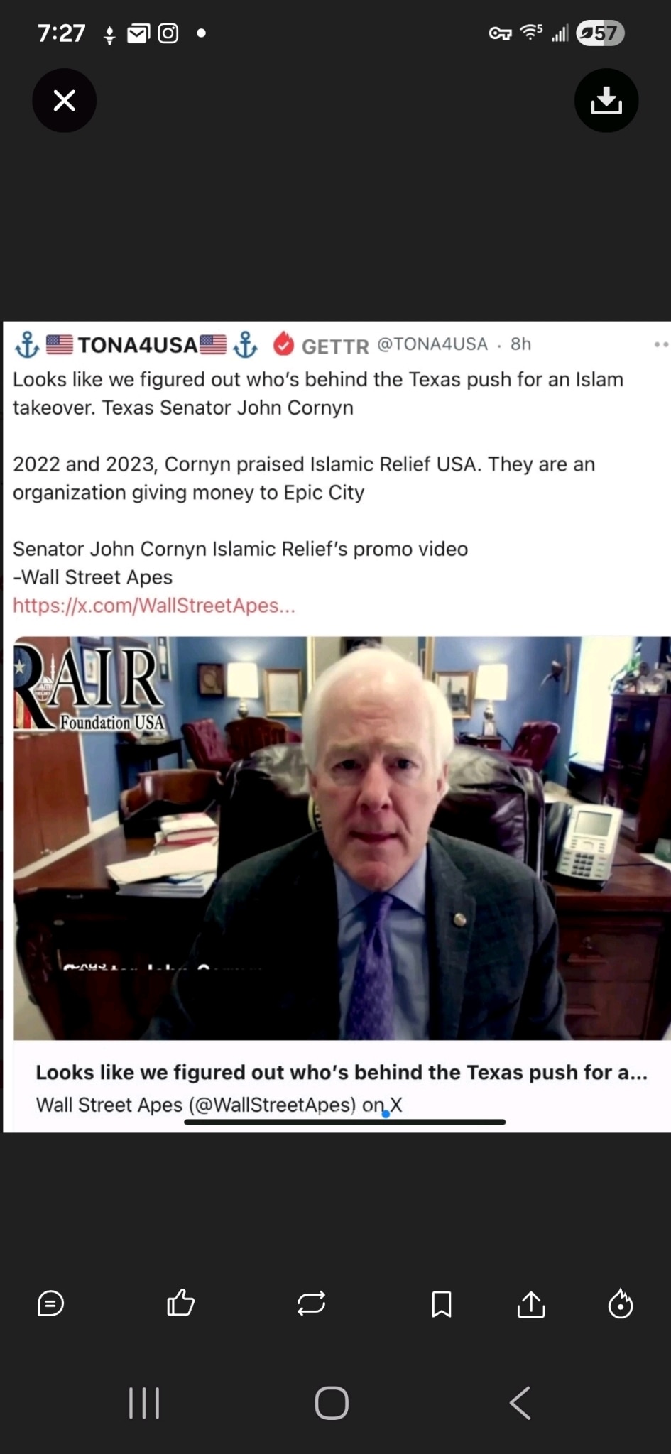 Chomping the Bit on GETTR comment: @stevebannon Not only has Cornyn been busted havin...