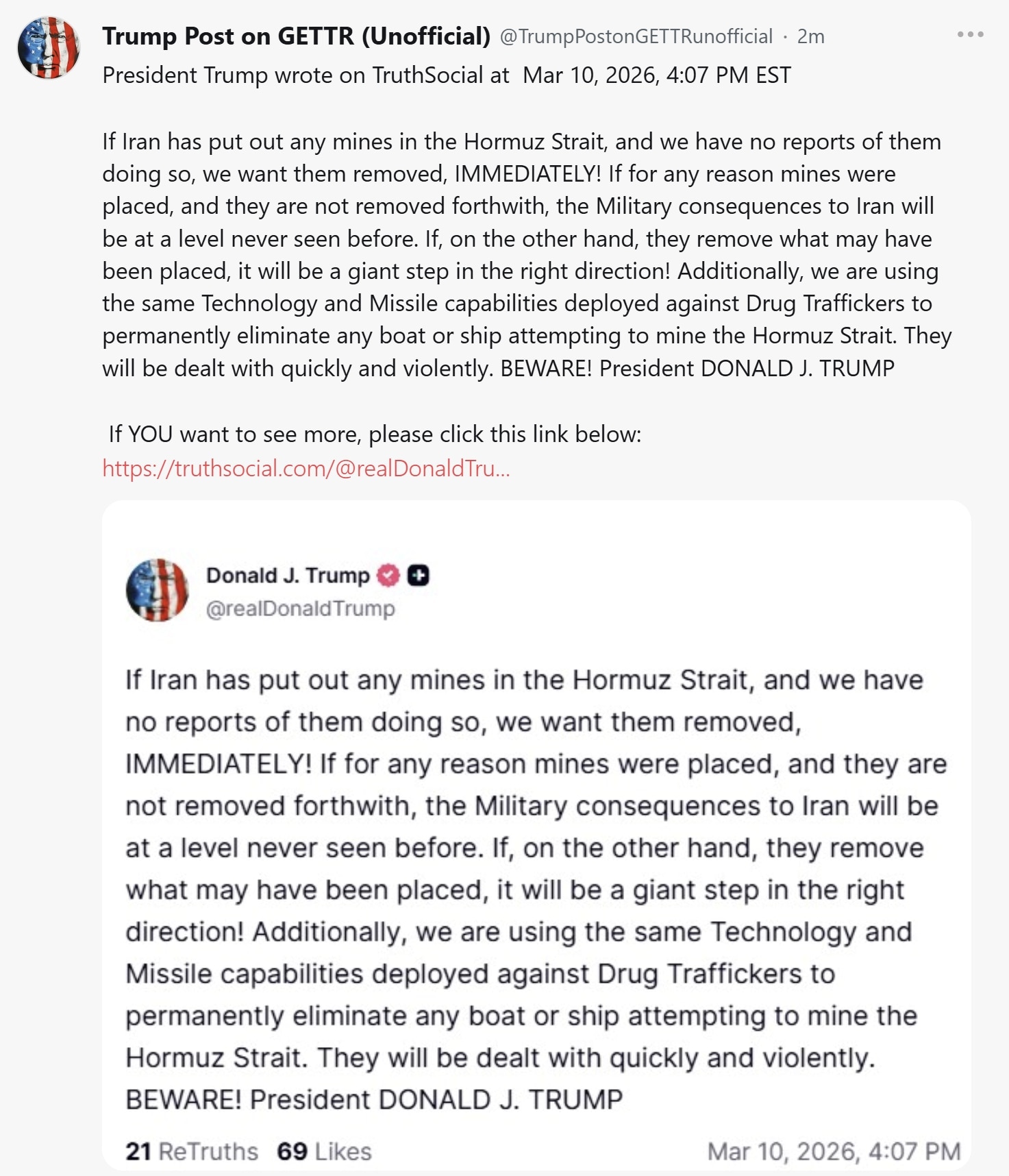 【美国之声】2026年3月10日川普总统：

如果伊朗在霍尔木兹海峡布设了任何水雷——虽然我们目前没有他们这样做的报告——我们要求伊朗立即将其清除！

如果出于任何原因确实布设了水雷，而又没有立刻将其...