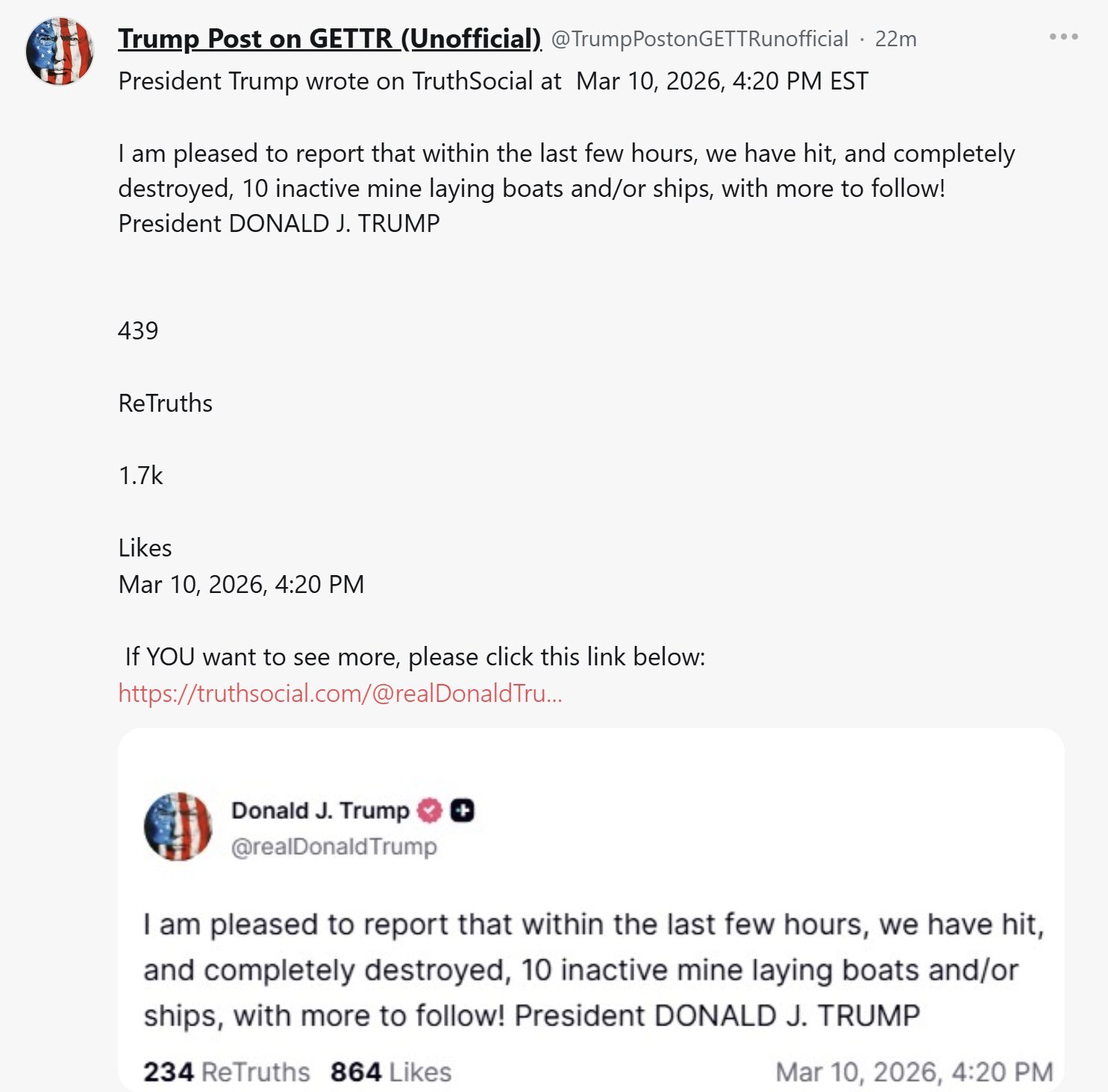 【美国之声--预防性措施：先把布雷船全摧毁】2026年3月10日川普总统：

我很高兴地报告，在过去几个小时内，我们已经打击并彻底摧毁了10艘布雷艇和/或船只，这些船当时并未在布雷，还会有更多被摧毁！...