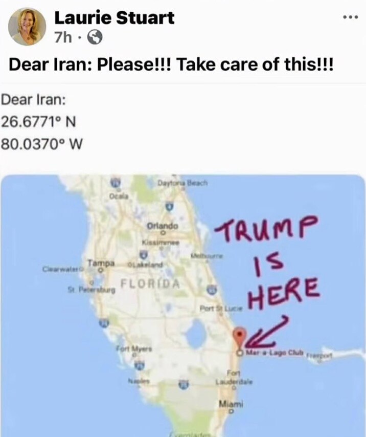Laurie Stuart posted coordinates to Mar-a-Lago and told Iran to “take care of this.”

She works at C...