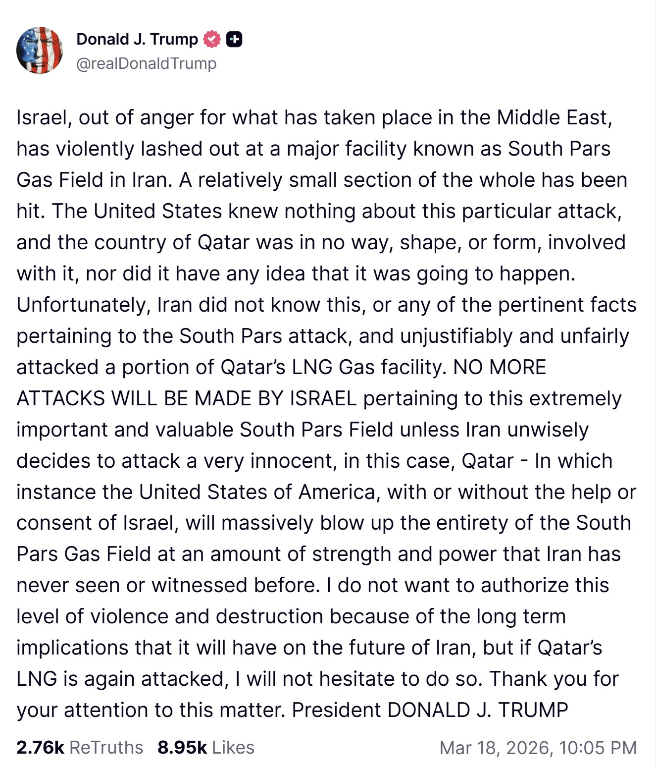 【美国之声--“再敢打卡塔尔，美国将彻底摧毁整个南帕尔斯气田”】2026年3月18日川普总统：

以色列出于对中东局势的愤怒，对伊朗一个名为南帕尔斯气田（South Pars Gas Field）的重...