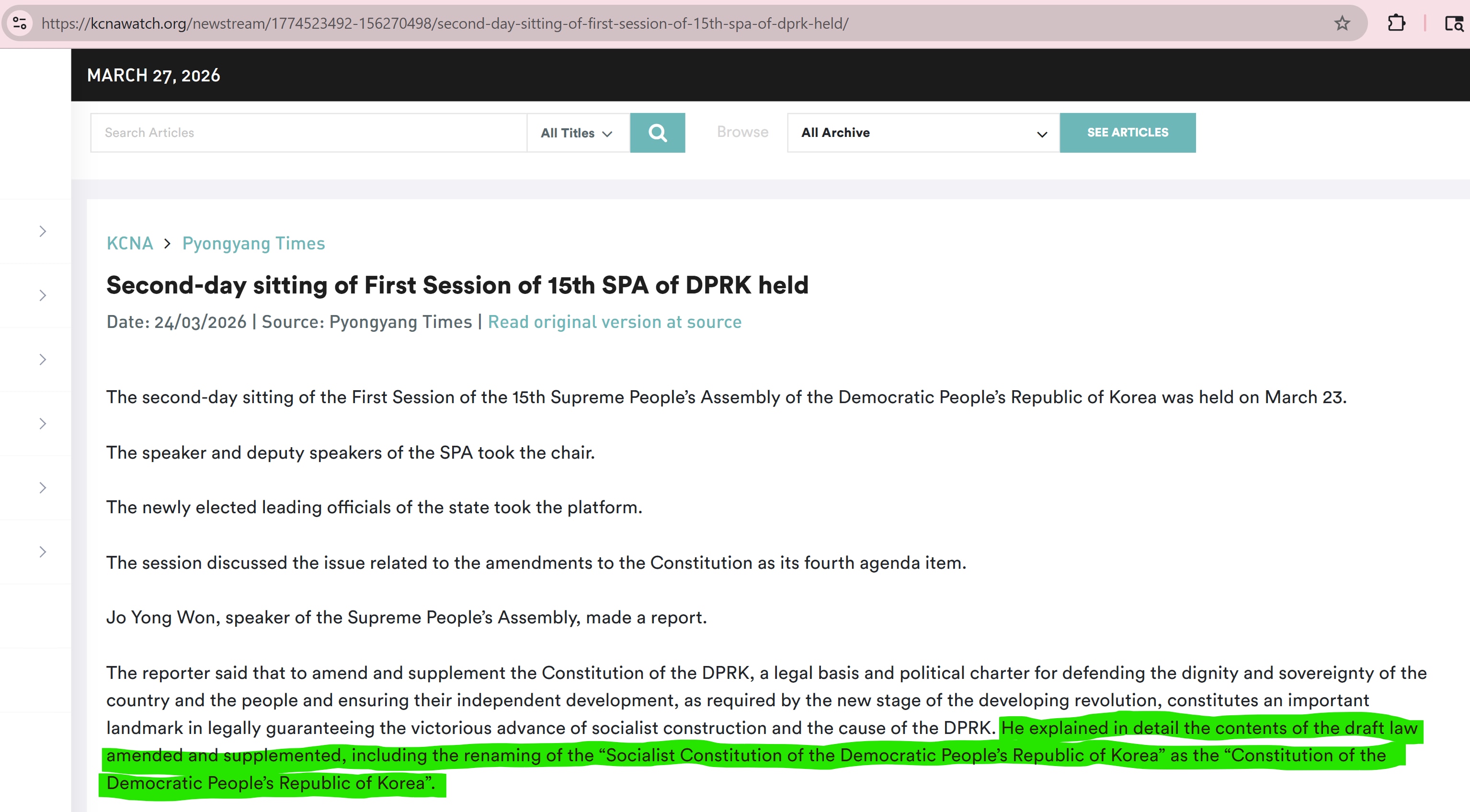 【美国之声--朝鲜从其宪法名称中删除“社会主义”一词】朝鲜时间2026年3月24日朝鲜中央通讯社（KCNA）:

2026年3月23日，朝鲜第15届最高人民会议第一次会议通过宪法修正案。

将原宪法名...