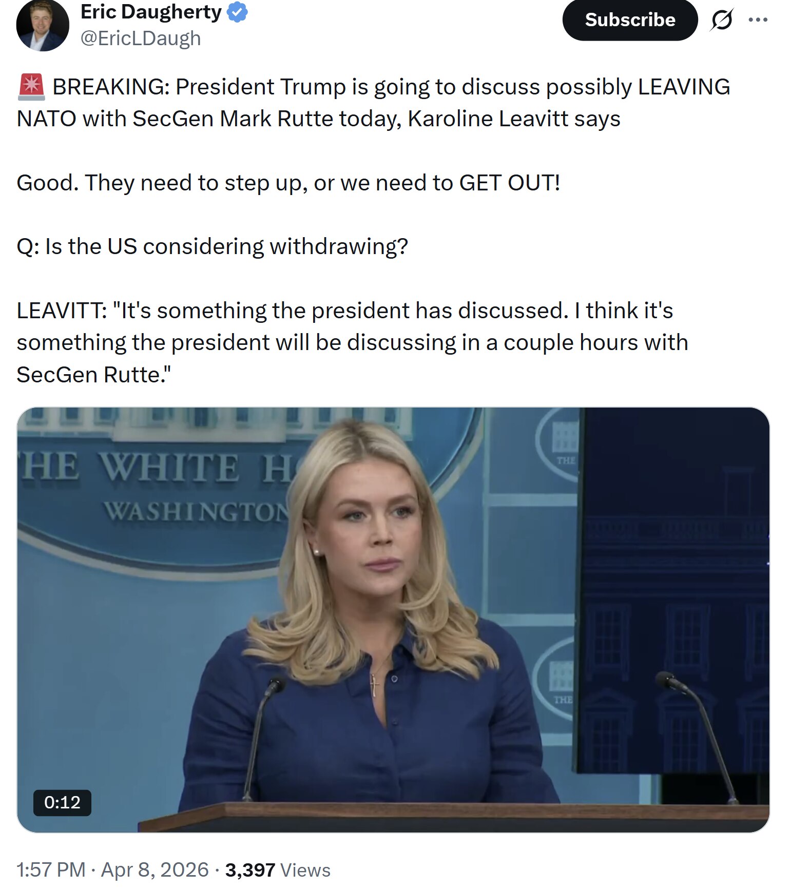 【美国之声——总统将与北约秘书长讨论退出北约】2026年4月8日

记者：美国是否考虑退出北约？

白宫发言人莱维特：这是总统曾经讨论过的议题。我想，总统将在几个小时后与秘书长吕特讨论这个议题。

#...