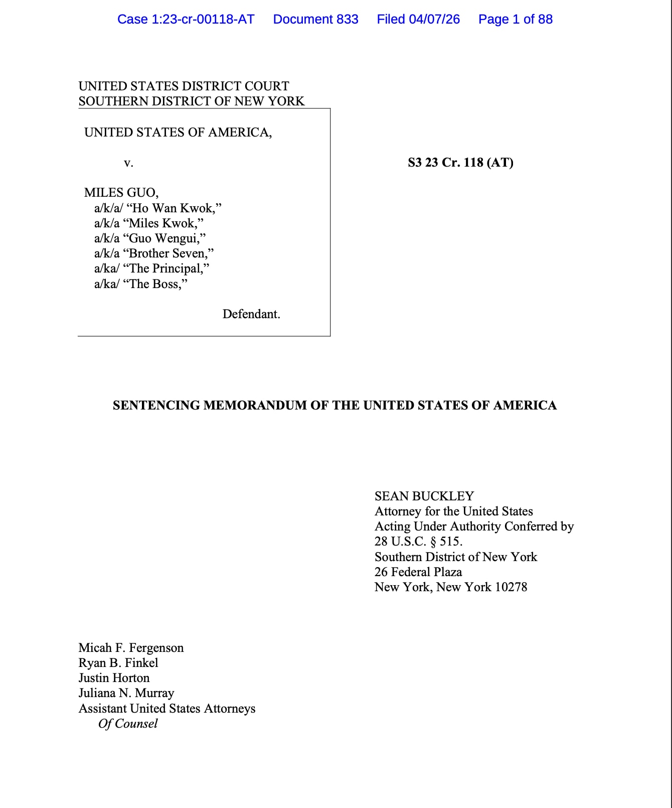 昨天，检方向法庭提交了88页的833号量刑备忘录。检方把之前的观点又重复了一遍，态度还是很强硬，要法庭判处郭先生至少30年的刑期。

检方的态度是预料之中的，时至今日他们所代表的力量只能以攻为守。在损...