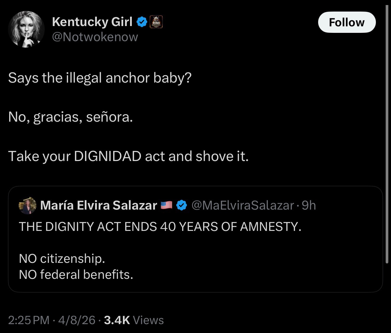 ‘Take your DIGNIDAD act and shove it.’

https://x.com/notwokenow/status/2041945670253240359?s=46