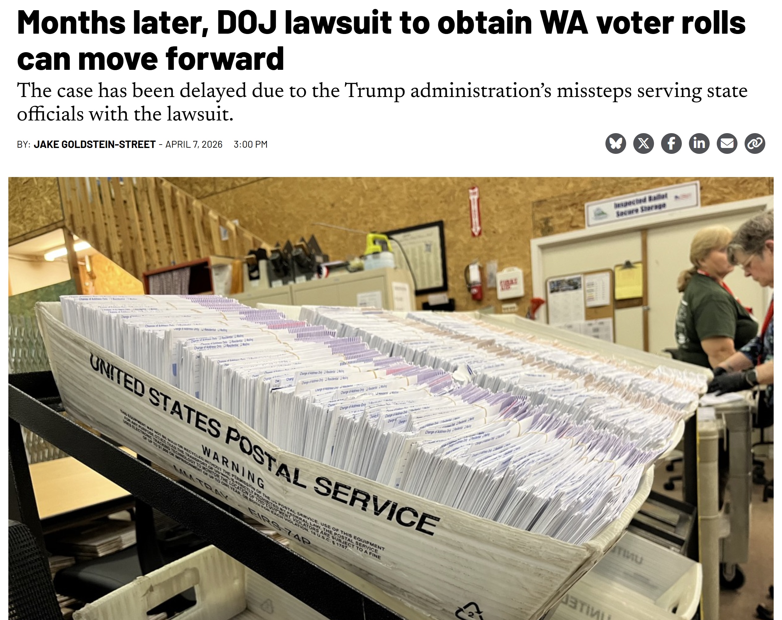 【美国之声--推进选举透明化】2026年4月7日，联邦法官金伯利·埃文森（Kymberly Evanson）裁定，尽管司法部（DOJ）在送达程序上存在延误，但其要求华盛顿州公开完整、未经删减的选民登记...