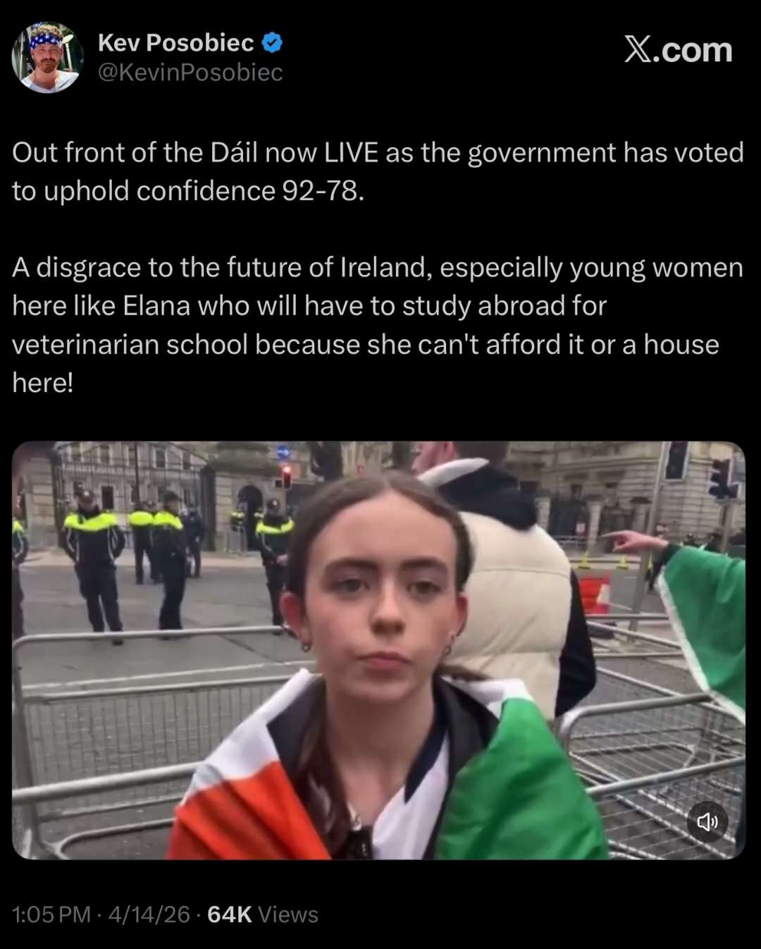 KEVIN POSOBIEC: Out front of the Dáil now LIVE as the government has voted to uphold confidence 92-7...