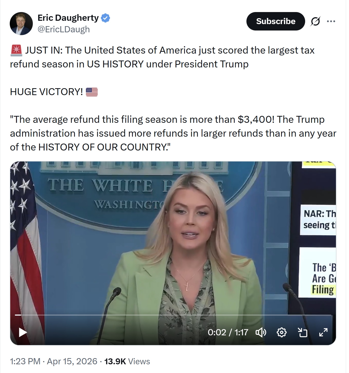 【美国之声——美国老百姓得实惠】2026年4月15日白宫发言人卡罗琳·莱维特（Karoline Leavitt）：

本次报税季的平均退税金额超过3,400美元！川普政府发放的退税不仅数量更多，而且金...